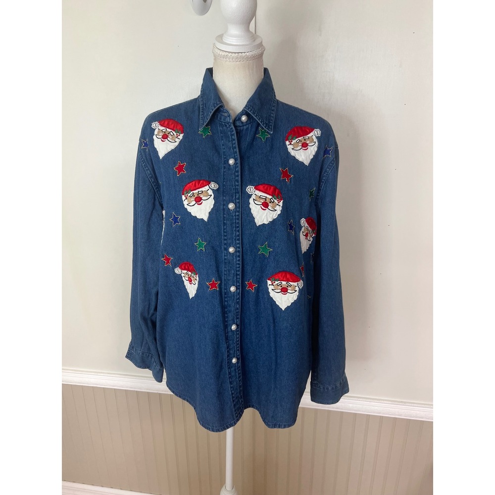 Vintage New Direction Santa Embroidered Denim Button Down Shirt Small